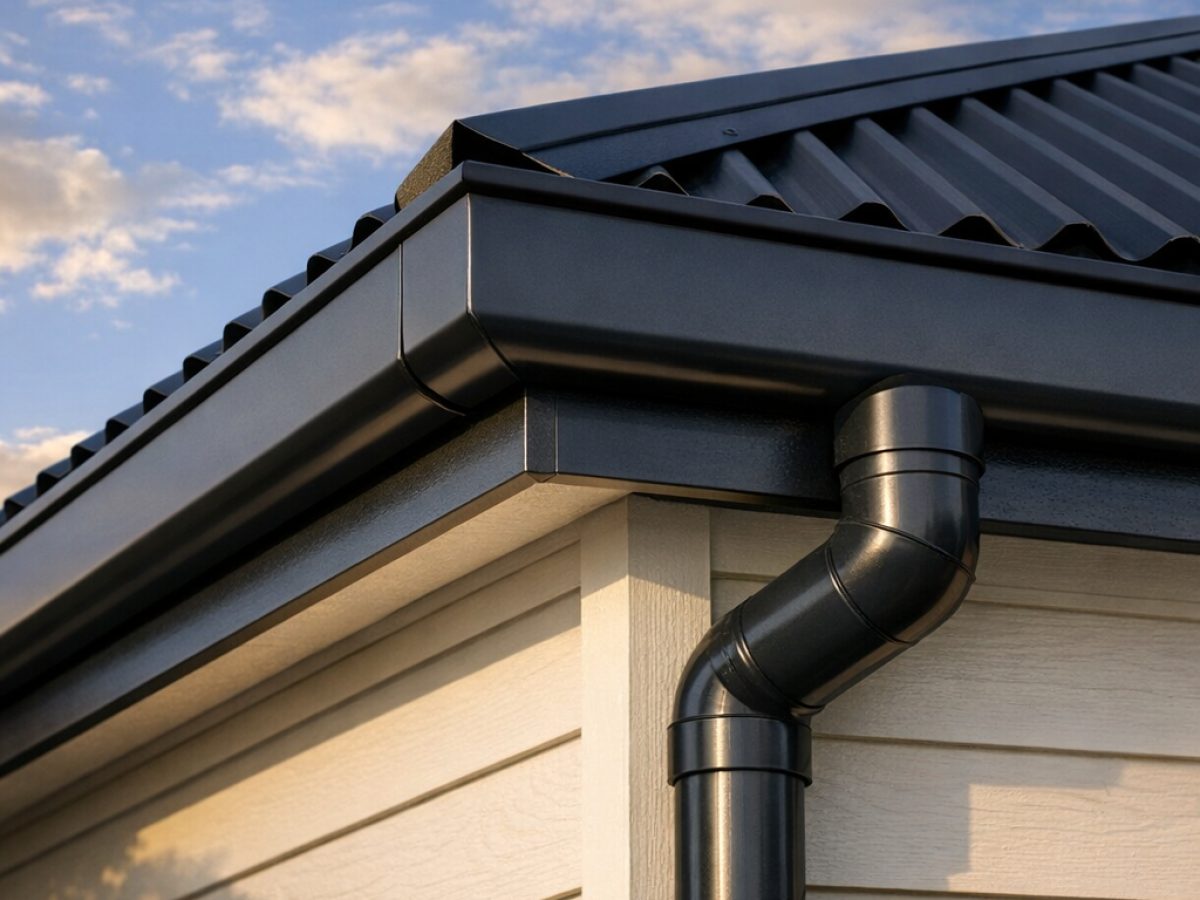 New Colorsteel metal fascia and continuous spouting on a house roofline